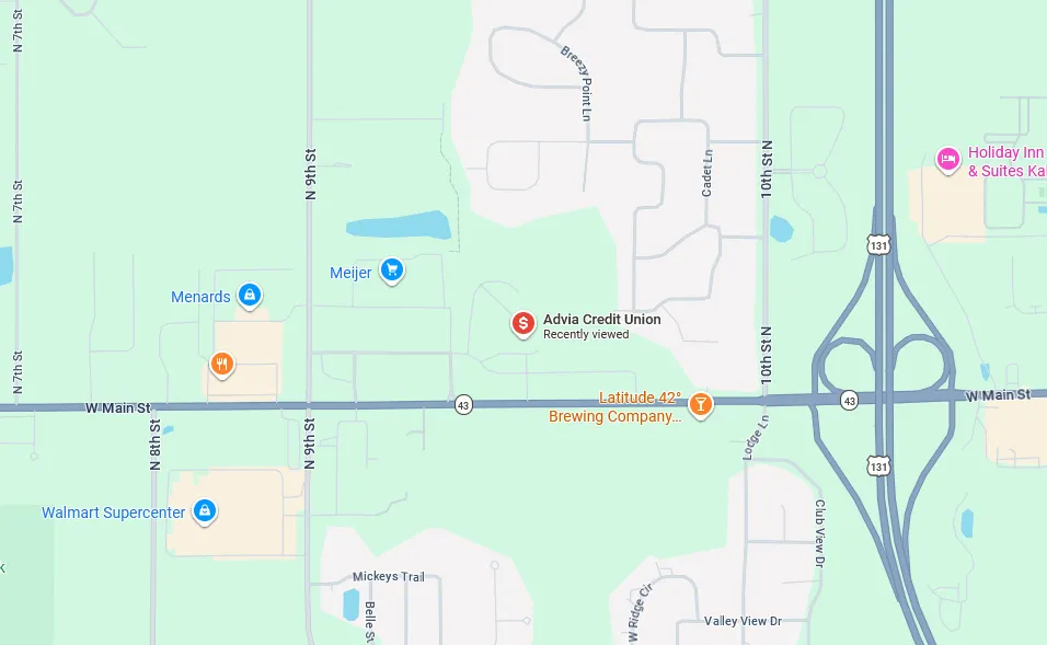 Map showing the meeting location at 6400 W Main St., Kalamazoo